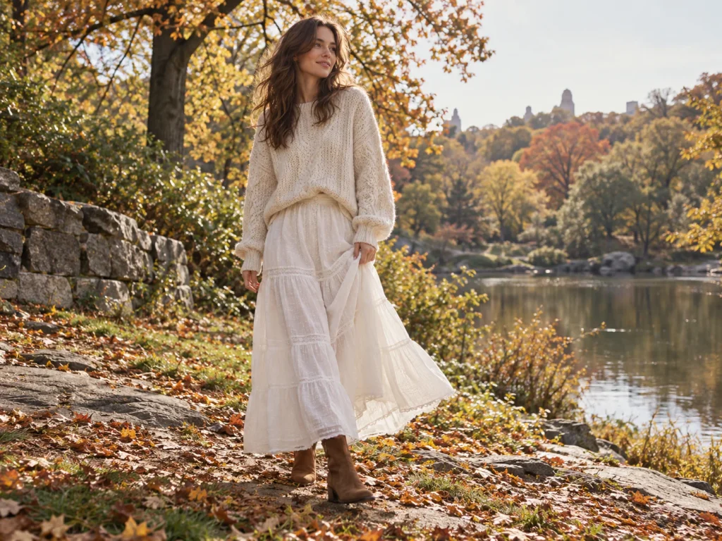 Cream knit and white maxi dress