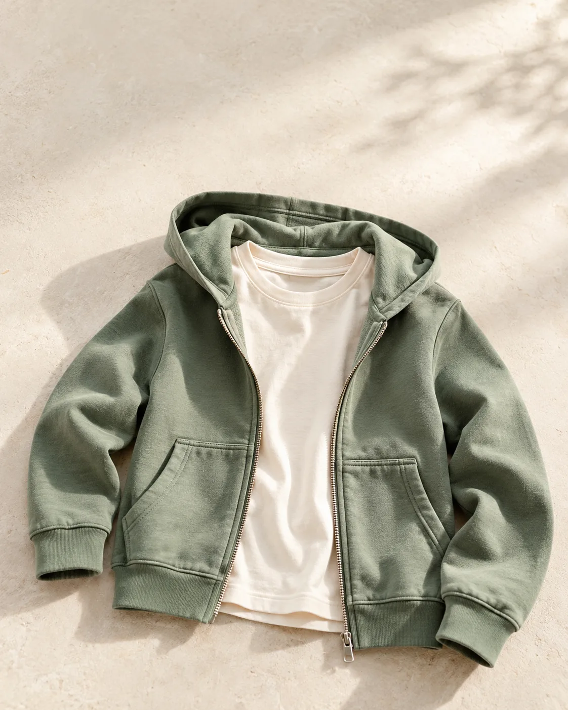 Sage Hoodie Layered Over Ivory Tee