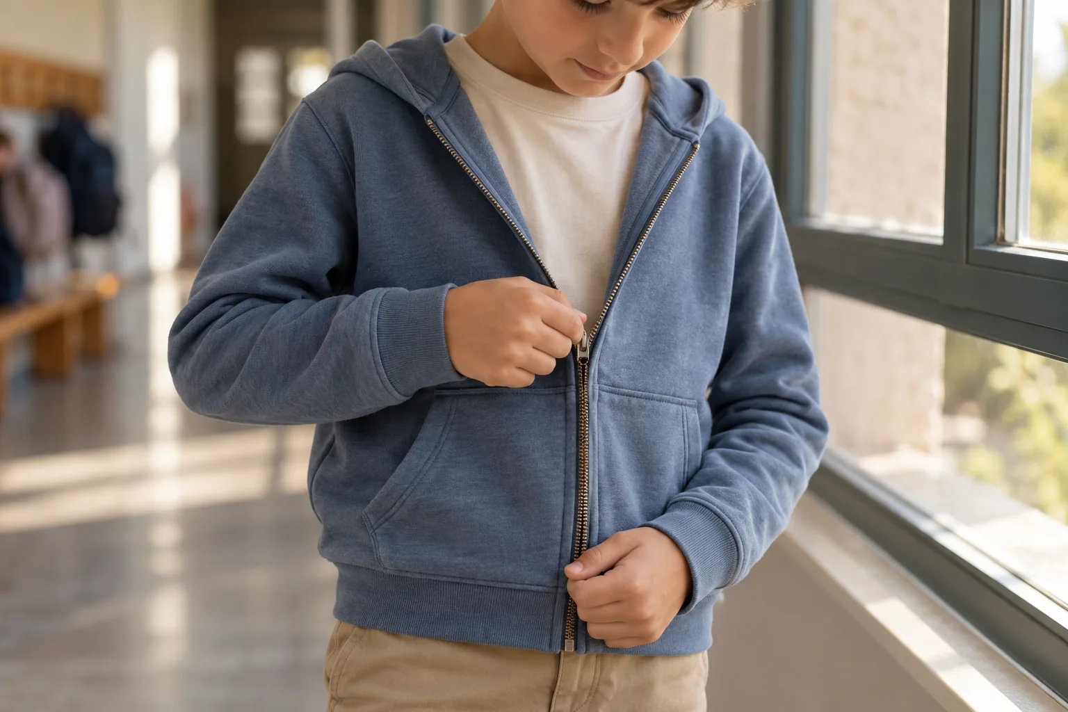 Unzipping a Blue Hoodie by the Window