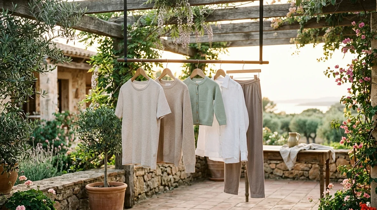 Φυσικό στέγνωμα βαμβακερών ρούχων και homewear σε ξύλινες κρεμάστρες στη σκιά